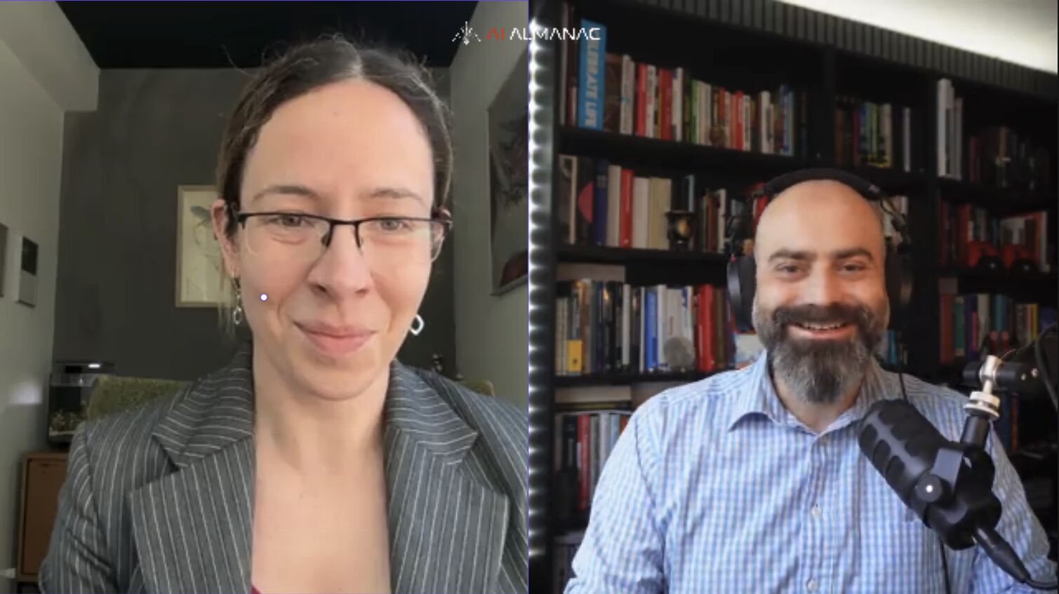Una Verhoeven and host Amir Sabirovic on the AI Almanac podcast — a split-screen video call
